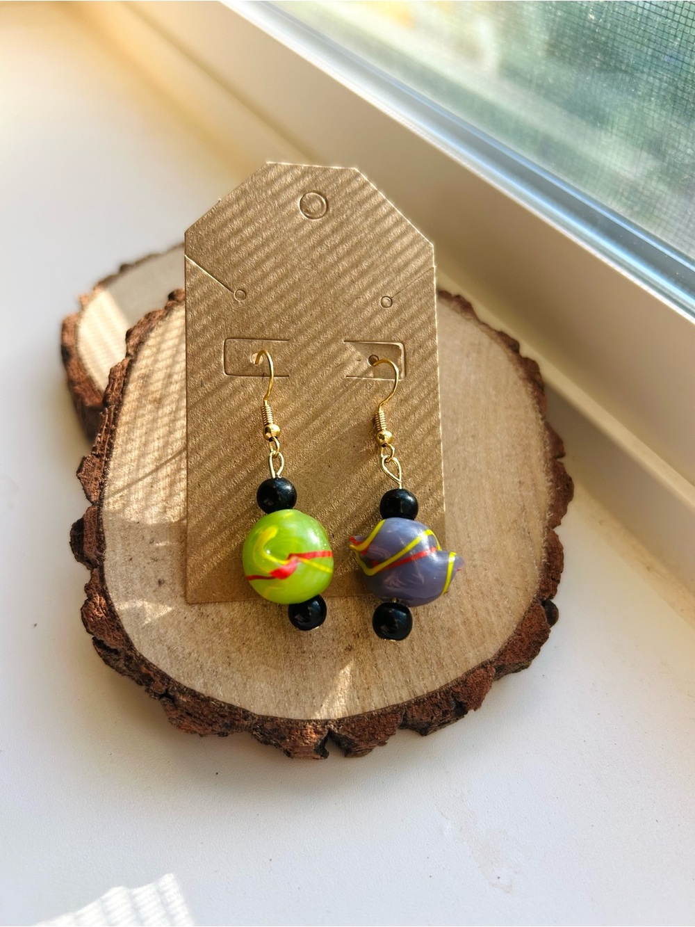 Colorful Swirl Beaded Earrings Handmade Mismatched Jewelry Neon Green Purple